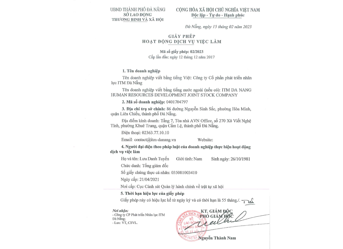 ITMダナンは職業紹介業務の許可証を受け取りました ITMダナンは職業紹介業務の許可証を受け取りました