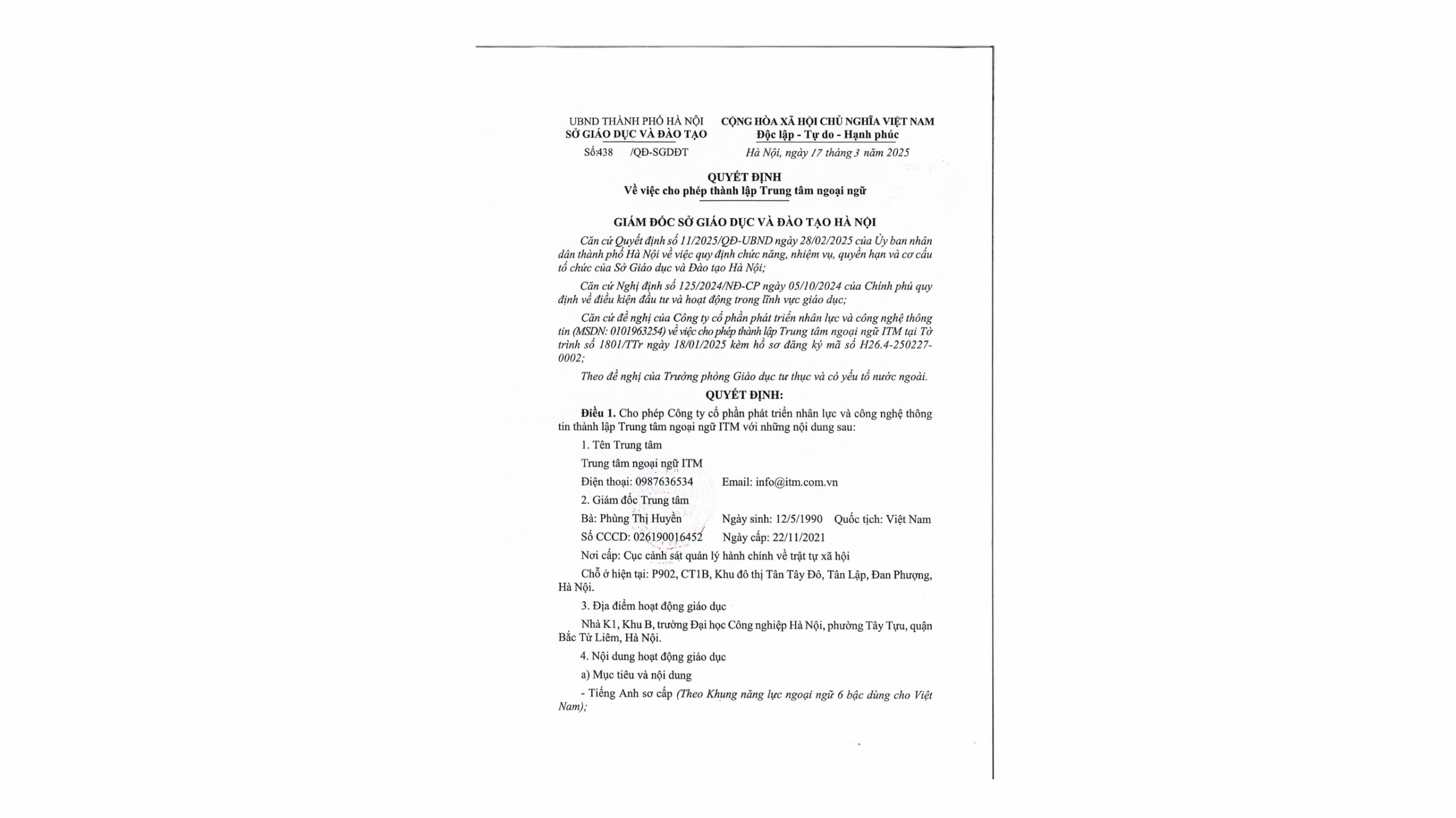 ITM HÀ NỘI NHẬN QUYẾT ĐỊNH THÀNH LẬP TRUNG TÂM NGOẠI NGỮ