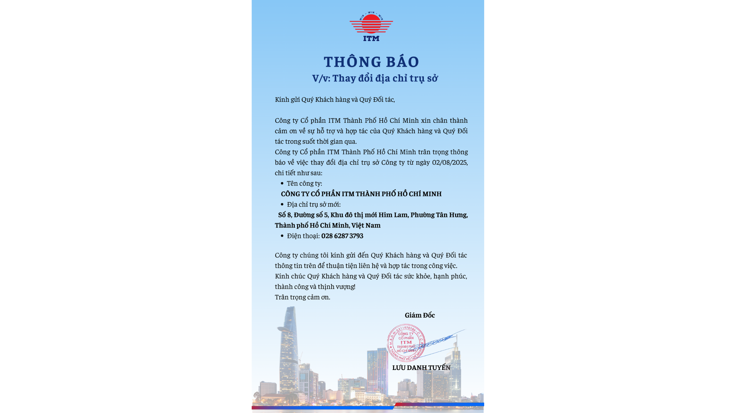 THÔNG BÁO THAY ĐỔI TRỤ SỞ – CÔNG TY CỔ PHẦN ITM THÀNH PHỐ HỒ CHÍ MINH THÔNG BÁO THAY ĐỔI TRỤ SỞ – CÔNG TY CỔ PHẦN ITM THÀNH PHỐ HỒ CHÍ MINH